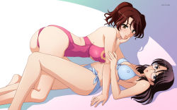 Rule 34 | 00s, 2girls, all fours, ass, bikini, black hair, blush, breasts, brown eyes, brown hair, cameltoe, casual one-piece swimsuit, cleavage, covered erect nipples, front-tie top, glasses, grabbing another&#039;s chin, grey eyes, gundam, gundam 00, hand on another&#039;s chin, highres, kati mannequin, large breasts, legs, lipstick, long hair, looking back, lying, makeup, midriff, multiple girls, navel, on back, one-piece swimsuit, open mouth, ponytail, shadow, side-tie bikini bottom, sideboob, smile, sumeragi lee noriega, swimsuit, tadano akira, wallpaper, wavy hair, aged down, yuri