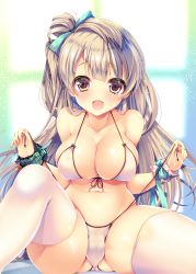 Rule 34 | 10s, 1girl, ayuma sayu, bare shoulders, bikini, bikini pull, blush, bow, breasts, brown eyes, brown hair, clothes pull, covered erect nipples, front-tie top, hair bow, hair ribbon, large breasts, long hair, looking at viewer, love live!, love live! school idol project, minami kotori, navel, open mouth, revision, ribbon, shiny skin, side-tie bikini bottom, side ponytail, sitting, skindentation, smile, solo, swimsuit, thighhighs, untied, white bikini, white thighhighs, wrist cuffs