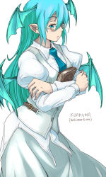 Rule 34 | 1girl, alternate color, alternate eye color, alternate hair color, aqua eyes, aqua hair, aqua necktie, bat wings, belt, bespectacled, book, demon wings, female focus, glasses, head wings, koakuma, long hair, long sleeves, m.u.g.e.n, necktie, null existence-x, oso (toolate), pointy ears, puffy sleeves, simple background, solo, touhou, white background, wings