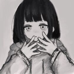 Rule 34 | 1girl, black hair, blunt bangs, closed mouth, commentary, drawstring, empty eyes, expressionless, forestg0d, grey theme, half-closed eyes, hands up, highres, hood, hood down, hoodie, lag train (vocaloid), long sleeves, looking at viewer, monochrome, open hands, osage (nukunuku nigirimeshi), pale skin, raised eyebrows, simple background, solo, tareme, upper body, vocaloid