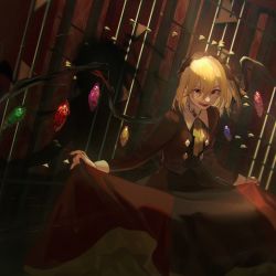Rule 34 | 1girl, alternate costume, black nails, black skirt, blonde hair, blood, blood on face, closed mouth, collared vest, cowboy shot, crystal, fingernails, flandre scarlet, frilled hairband, frilled skirt, frills, hair between eyes, hairband, highres, looking at viewer, medium hair, multicolored clothes, multicolored skirt, nail polish, neckerchief, red eyes, red hairband, red skirt, red vest, sf 404, shadow, skirt, skirt hold, sleeve cuffs, solo, touhou, vest, wings, yellow neckerchief