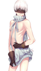 Rule 34 | 1boy, absurdres, aki663, artist name, backless dress, backless outfit, bare shoulders, black gloves, blindfold, cowboy shot, crossdressing, drawstring, dress, facing viewer, gloves, grey sweater, halterneck, highres, male focus, meme attire, naked sweater, nier:automata, nier (series), nipples, parted lips, ribbed sweater, signature, simple background, solo, sweat, sweatdrop, sweater, sweater dress, teeth, turtleneck, turtleneck sweater, virgin killer sweater, wardrobe error, white background, white hair, 9s (nier:automata)