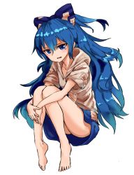 Rule 34 | 1girl, absurdres, bad id, bad pixiv id, bare legs, barefoot, blue bow, blue eyes, blue hair, blue skirt, bow, collarbone, full body, hair between eyes, hair bow, highres, hood, hood down, knees together feet apart, long hair, looking at viewer, nob1109, open mouth, short sleeves, simple background, skirt, solo, tears, touhou, very long hair, white background, yorigami shion