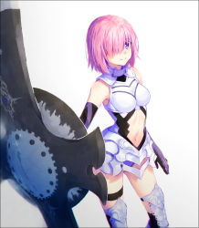 Rule 34 | 1girl, armor, armored dress, black gloves, black leotard, black thighhighs, breasts, closed mouth, clothing cutout, elbow gloves, fate/grand order, fate (series), gloves, greaves, hakusai (tiahszld), holding, holding shield, leotard, long hair, looking at viewer, mash kyrielight, medium breasts, navel, navel cutout, over-kneehighs, pink hair, purple eyes, purple gloves, purple leotard, purple thighhighs, shield, short hair, smile, solo, standing, thigh strap, thighhighs, thighs
