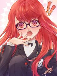 Rule 34 | 1girl, black-framed eyewear, black jacket, blush, glasses, hair down, highres, jacket, long hair, long sleeves, looking at viewer, official alternate hairstyle, open mouth, persona, persona 5, persona 5 the royal, qoo1234, red eyes, red hair, school uniform, shuujin academy school uniform, simple background, solo, surprised, sweater, turtleneck, turtleneck sweater, yoshizawa kasumi, yoshizawa sumire