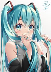 Rule 34 | 1girl, 39, aqua eyes, aqua hair, bare shoulders, black sleeves, blush, breasts, closed mouth, collared shirt, commentary, dated, detached sleeves, gradient background, grey background, grey shirt, hair between eyes, hands up, hatsune miku, highres, holding, holding hair, inumine aya, long hair, long sleeves, looking at viewer, shirt, sleeveless, sleeveless shirt, small breasts, smile, solo, twintails, upper body, very long hair, vocaloid, white background, wide sleeves