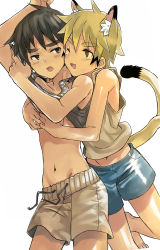 Rule 34 | 2boys, animal ears, barefoot, clothes lift, coin rand, fangs, highres, hug, hug from behind, male focus, multiple boys, navel, neko otouto, one eye closed, open mouth, original, shirt lift, short hair, shorts, simple background, tail, tank top, white background, wink, yaoi