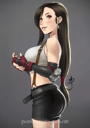Rule 34 | 1990s (style), 1girl, belt, breasts, brown hair, cowboy shot, earrings, elbow gloves, female focus, final fantasy, final fantasy vii, fingerless gloves, gloves, grey background, jewelry, large breasts, long hair, low-tied long hair, midriff, own hands together, parted lips, polarityplus, red eyes, retro artstyle, simple background, skirt, sleeveless, solo, suspender skirt, suspenders, tifa lockhart
