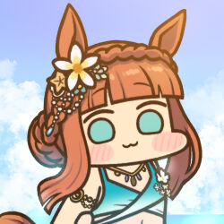Rule 34 | 1girl, :3, animal ears, blunt bangs, blunt tresses, blush stickers, braid, commentary, crown braid, ear flower, ear ornament, flat chest, green eyes, horse ears, horse girl, jazz jack, jewelry, looking at viewer, lowres, navel, necklace, official alternate costume, official alternate hairstyle, orange hair, sidelocks, silence suzuka (emerald on the waves) (umamusume), silence suzuka (umamusume), solo, swimsuit, tail, umamusume, upper body, wide face