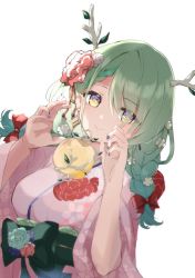 Rule 34 | 1girl, antlers, apple, bow, braid, braided bangs, ceres fauna, ceres fauna (new year), flower, food, fruit, furisode, golden apple, green hair, hair flower, hair ornament, highres, hololive, hololive english, horns, japanese clothes, kimono, kumoi sora, leaf, long hair, multicolored eyes, nail polish, pink kimono, purple eyes, purple nails, red bow, virtual youtuber, white background, yellow eyes