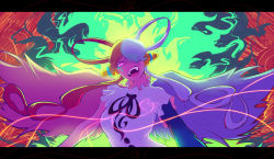 Rule 34 | 1girl, absurdres, angel wings, aqua sleeves, breasts, bright pupils, claw pose, clenched teeth, dress, glowing, grin, hair over one eye, highres, large breasts, lelastslayer, long hair, looking at viewer, multicolored hair, nail polish, one piece, one piece film: red, open mouth, purple eyes, red hair, single sleeve, smile, solo, tears, teeth, two-tone hair, uta (one piece), very long hair, white dress, white hair, white pupils, wide hips, wings, yandere