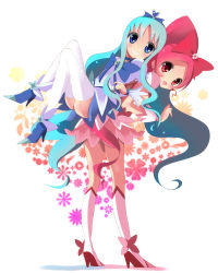 Rule 34 | 2girls, :d, ass, blue bow, blue choker, blue eyes, blue footwear, blue hair, blue skirt, blush, boots, bow, brooch, choker, commentary request, cure blossom, cure marine, dress, forehead, grin, hair between eyes, hair bow, hanasaki tsubomi, haru (nature life), heart, heart brooch, heartcatch precure!, high heels, jewelry, knee boots, kneehighs, kurumi erika, leaning forward, locked arms, long hair, magical girl, multiple girls, open mouth, parted bangs, pink dress, pink hair, ponytail, precure, puffy short sleeves, puffy sleeves, red bow, red eyes, revision, shirt, shoes, short sleeves, skirt, smile, socks, standing, thighhighs, very long hair, white background, white footwear, white legwear, white shirt, wrist cuffs