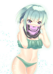 Rule 34 | 1girl, arms up, bandana, bandana over mouth, bare arms, bare shoulders, bikini, black bandana, blush, commentary request, covered mouth, cowboy shot, gradient background, green background, green bikini, green hair, hair between eyes, head tilt, highres, looking at viewer, navel, nose blush, original, purple eyes, sagaradai, skull print, solo, swimsuit, white background