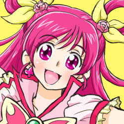 Rule 34 | 00s, 1girl, :d, cure dream, flower, hair flower, hair ornament, hair ribbon, hair rings, long hair, magical girl, open mouth, pink eyes, pink flower, pink hair, pink rose, portrait, precure, ribbon, rose, smile, solo, yellow background, yes! precure 5, yes! precure 5 gogo!, yoshino (yoshizuya), yumehara nozomi