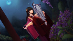 Rule 34 | 2girls, alternate costume, architecture, back, bad anatomy, bad hands, black gloves, bow, dutch angle, east asian architecture, fireflies, flower, flower request, from behind, fujiwara no mokou, full moon, gloves, hair bow, hair flower, hair ornament, hair scrunchie, highres, houraisan kaguya, japanese clothes, kimono, kimono pull, long hair, moon, mountain, multiple girls, nail polish, noel (pixiv5459099), off shoulder, outdoors, pink nails, ponytail, poorly drawn, red eyes, scrunchie, silhouette, silver hair, sky, smile, standing, star (sky), starry sky, touhou, tree, yuri