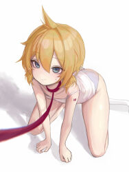 1boy azulasi blonde_hair blue_eyes blush closed_mouth collar highres kagamine_len leash looking_at_viewer number_tattoo red_collar shirt short_hair shoulder_tattoo solo tattoo underwear viewer_holding_leash vocaloid white_background white_shirt