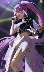 Rule 34 | 1girl, absurdres, belt, belt collar, black collar, black nails, blush, breasts, collar, cropped shirt, ear piercing, fishnet thighhighs, fishnets, gloves, green eyes, highres, holding, holding microphone, hololive, long hair, microphone, multicolored hair, nail polish, navel, nisi ki no, official alternate costume, open mouth, piercing, pink hair, pointy ears, ponytail, purple hair, shirt, short shorts, shorts, single glove, single thighhigh, small breasts, smile, streaked hair, teeth, thighhighs, tokoyami towa, tokoyami towa (break your xxx), upper teeth only, virtual youtuber, white belt, white gloves, white shirt, white shorts