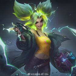 Rule 34 | 1girl, 24a (ershisiai), bandaid, bandaid on face, bare shoulders, belt, black pants, breasts, brown belt, collarbone, electricity, fingerless gloves, gloves, gradient background, green hair, grin, gun, hand up, holding, holding gun, holding weapon, jacket, league of legends, long hair, looking at viewer, medium breasts, navel, open clothes, open jacket, pants, parted bangs, smile, solo, teeth, translation request, twintails, weapon, zeri (league of legends)