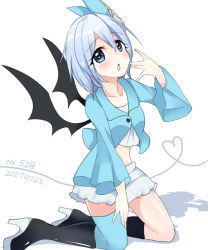 Rule 34 | 1girl, 2017, :o, bat wings, black footwear, black wings, blue eyes, blue hair, blue jacket, blue thighhighs, blush, boots, collarbone, creatures (company), crop top, cropped jacket, dated, game freak, gen 5 pokemon, hair between eyes, hand up, heart, heart of string, high heel boots, high heels, jacket, kneeling, long sleeves, miniskirt, nintendo, open mouth, ougi hina, personification, pokedex number, pokemon, shadow, shirt, short hair, simple background, single thighhigh, skirt, solo, swoobat, tareme, thighhighs, white background, white shirt, white skirt, wide sleeves, wings, zettai ryouiki