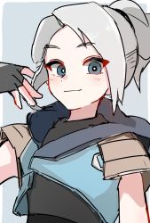 Rule 34 | 1girl, 3wdog s, animification, blue eyes, blue vest, blush, closed mouth, facing viewer, gloves, highres, jett (valorant), looking at viewer, partially fingerless gloves, playing with own hair, simple background, sleeveless, sleeveless jacket, smile, solo, valorant, vest, white hair