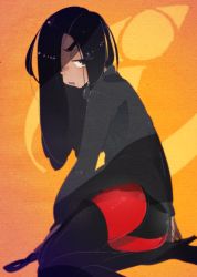 Rule 34 | 1girl, ass, black hair, boots, disney, female focus, hair over one eye, half-closed eyes, idkuroi, long hair, solo, the incredibles, thigh boots, thighhighs, violet parr