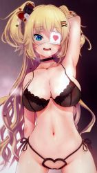 Rule 34 | 1girl, akai haato, arm up, armpits, black bra, black panties, blonde hair, blue eyes, bow, bra, breasts, choker, cowboy shot, eyepatch, hair bow, hair ornament, hairclip, heart, highres, hololive, jewelry, large breasts, lingerie, long hair, looking at viewer, navel, necklace, open mouth, panties, shiny skin, side-tie panties, solo, sweat, underwear, virtual youtuber, wanwan