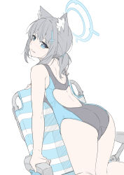 Rule 34 | 1girl, animal ear fluff, animal ears, ass, blue archive, blue eyes, blush, competition swimsuit, from behind, grey hair, halo, highres, light smile, looking at viewer, masabodo, official alternate costume, one-piece swimsuit, shiroko (blue archive), shiroko (swimsuit) (blue archive), simple background, solo, swimsuit, white background, wolf ears