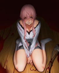 Rule 34 | 1girl, absurdres, aconitea, axe, bad id, bad pixiv id, blood, blood on breasts, blood on face, blood on clothes, blush, breasts, cleavage, gasai yuno, heart, highres, long hair, looking at viewer, mirai nikki, open mouth, pink eyes, pink hair, sitting, socks, solo, wariza, weapon
