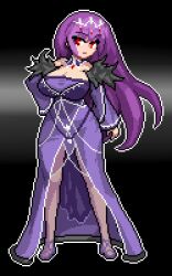 Rule 34 | 1girl, breasts, dress, fate/grand order, fate (series), feather trim, full body, fur-trimmed dress, fur trim, large breasts, long hair, pantyhose, pixel art, purple dress, purple hair, red eyes, reminaxv58, scathach (fate), scathach skadi (fate), solo, tiara
