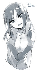 Rule 34 | 1girl, arms at sides, bare arms, bare shoulders, breasts, cleavage, closed mouth, collarbone, cropped arms, cropped torso, eyes visible through hair, female focus, greyscale, head tilt, high collar, jacket, japanese text, long hair, looking at viewer, monochrome, nico robin, no bra, one piece, open mouth, partially unzipped, simple background, sleeveless, sleeveless jacket, smile, solo, teeth, tsurime, ukata, upper body, white background, zipper, zipper pull tab