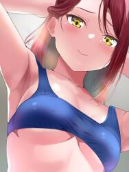 Rule 34 | 1girl, armpits, arms up, blue sports bra, blush, borgbutler, breasts, commentary, from below, gradient background, grey background, hand in own hair, highres, long hair, looking at viewer, love live!, love live! sunshine!!, medium breasts, red hair, sakurauchi riko, simple background, smile, solo, sports bra, underboob, yellow eyes
