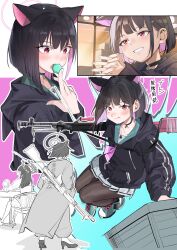Rule 34 | 2girls, :t, airi (blue archive), animal ears, black choker, black hair, black pantyhose, blue archive, blush, box, chair, choker, clothes writing, coat, food, food in mouth, grin, gun, hair ornament, hairclip, halo, highres, holding, hood, hood down, jacket, kazusa (blue archive), long hair, long sleeves, macaron, multicolored hair, multiple girls, multiple views, pantyhose, pink hair, pleated skirt, red eyes, shoes, short hair, sitting, skirt, smile, umiwashi, weapon, weapon on back