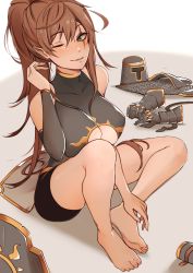 Rule 34 | 1girl, unworn armor, barefoot, black shirt, black sleeves, breasts, brown hair, cleavage, cleavage cutout, clothing cutout, commentary, covered collarbone, detached sleeves, elfboiii, full body, green eyes, highres, large breasts, long hair, looking at viewer, one eye closed, original, parted lips, pointy ears, ponytail, scar, scar across eye, scar on face, shadow, shirt, sitting, sleeveless, sleeveless shirt, smile, solo, toes