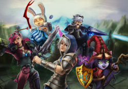 Rule 34 | 2boys, 3girls, 4rca, ^ ^, alternate costume, alternate hair color, animal ears, armor, arrow (projectile), battle bunny riven, belt, blade, blue eyes, boots, bow (weapon), breasts, brown eyes, playboy bunny, character name, closed eyes, collar, closed eyes, ezreal, fairy, gauntlets, goggles, goggles on head, green eyes, hat, hood, league of legends, long hair, lulu (league of legends), multiple boys, multiple girls, open mouth, pink hair, pix (league of legends), purple hair, quentin lecuiller, riven (league of legends), shield, shoulder pads, silver hair, staff, sword, teemo, very long hair, vi (league of legends), weapon, witch hat