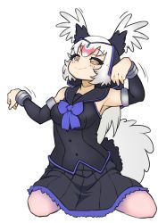 Rule 34 | 1girl, bird girl, bird tail, bird wings, black shirt, black skirt, blue bow, blue bowtie, blush, bow, bowtie, commentary, detached sleeves, frilled skirt, frills, hair between eyes, head chain, head scarf, head wings, illu (illu stratos), jewelry, kemono friends, multicolored hair, ostrich (kemono friends), pleated skirt, red hair, sailor collar, shirt, short hair, sitting, skirt, solo, tail, wariza, white hair, wings, yellow eyes