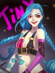 Rule 34 | absurdly long hair, ammunition, ammunition belt, arm strap, arm tattoo, bare shoulders, belt, belt buckle, bikini, bikini top only, blue hair, braid, buckle, bullet, bullet necklace, elbow gloves, gloves, highres, jewelry, jinx (league of legends), league of legends, lipstick, long hair, makeup, necklace, pink eyes, pink thighhighs, smile, solo, stomach tattoo, swimsuit, tattoo, thigh strap, thighhighs, twin braids, very long hair