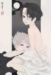 Rule 34 | 2boys, bishounen, black hair, black kimono, choker, closed mouth, cloud, commentary request, from side, full moon, grey hair, hair between eyes, highres, hug, japanese clothes, kimono, leaning on person, looking at viewer, lying, male focus, moon, multiple boys, night, night sky, off shoulder, on stomach, original, outside border, parted lips, partially undressed, purple eyes, ribbon choker, seal impression, short hair, signature, sitting, sky, string, string choker, topless male, upper body, ushiyama ame, wariza, white hair, white kimono