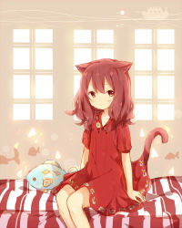 Rule 34 | 1girl, animal ears, beige background, blush, cat ears, cat girl, cat tail, coco (hinatacoco), dress, fish-shaped pillow, hair between eyes, indoors, looking at viewer, original, red dress, red eyes, red hair, short sleeves, sitting, solo, striped, tail, window