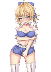 Rule 34 | 1girl, artoria pendragon (all), artoria pendragon (fate), bad id, bad pixiv id, belt, blonde hair, blue eyes, blush, boots, breasts, choker, cleavage, clothes pull, fate (series), hair ribbon, heavy breathing, highres, jacket, kukkumann, large breasts, midriff, navel, open clothes, open jacket, open mouth, ribbon, saber (fate), simple background, skirt, skirt pull, solo, standing, thigh boots, thighhighs, trembling, white background