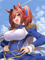 Rule 34 | 1girl, animal ears, blue dress, blue sky, blush, breasts, brown hair, daiwa scarlet (umamusume), dress, epaulettes, fang, gingami (giluziru), hair intakes, hands on own hips, highres, horse ears, horse girl, horse tail, large breasts, long hair, long sleeves, looking at viewer, open mouth, red eyes, sky, smile, solo, tail, tiara, twintails, umamusume