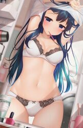 Rule 34 | 1girl, armpits, arms up, bathroom, black eyes, black hair, blush, bra, breasts, clothes lift, collarbone, commentary request, gluteal fold, highres, indoors, lifted by self, long hair, midriff, minato ojitan, mirror, mouth hold, navel, original, panties, reflection, shirt, shirt lift, short shorts, shorts, sleepy, small breasts, solo, standing, toothbrush, underwear, undressing, washing machine, white bra, white panties, white shirt