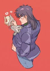 Rule 34 | 1boy, baozi, black eyes, black hair, black jacket, blue pants, closed mouth, commentary request, cowboy shot, cropped legs, dog, eating, facial scar, food, food on face, holding, holding food, inudori, itou kaiji, jacket, kaiji, long hair, looking at animal, male focus, medium bangs, pants, red background, scar, scar on cheek, scar on ear, scar on face, simple background, solo, steam, tongue, tongue out
