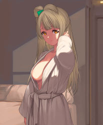 Rule 34 | 1girl, a1 (initial-g), areola slip, arm behind head, bathrobe, blunt bangs, breasts, brown eyes, brown hair, center opening, cleavage, closed mouth, cowboy shot, hair ribbon, hair rings, hand in own hair, light smile, lips, lipstick, long hair, looking at viewer, loose clothes, love live!, love live! school idol project, makeup, medium breasts, minami kotori, naked robe, no bra, one side up, open clothes, open robe, pink lips, ribbon, robe, solo, swept bangs, white robe