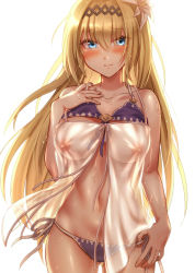 Rule 34 | 1girl, arm at side, bare arms, bare shoulders, bikini, bikini top lift, blush, breasts, breasts apart, closed mouth, clothes lift, collarbone, cowboy shot, flower, front-tie bikini top, front-tie top, granblue fantasy, hair between eyes, hair flower, hair ornament, hand on own chest, highres, jeanne d&#039;arc (granblue fantasy), large breasts, long hair, looking at viewer, mika (1020mk), navel, nipples, purple bikini, purple ribbon, raised eyebrows, ribbon, see-through, shiny clothes, side-tie bikini bottom, simple background, smile, solo, standing, stomach, straight hair, swimsuit, very long hair, water, water drop, wet, white background, white flower, white ribbon