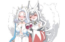 Rule 34 | 2girls, ^ ^, animal ears, black gloves, black kimono, blue hair, blush, breasts, choker, cleavage, closed eyes, commentary, cup, drinking glass, english commentary, eyeshadow, fang, fox ears, fox tail, gloves, grey hair, highres, holding, holding cup, indie virtual youtuber, japanese clothes, kimono, large breasts, leaning on person, makeup, monarch (amalee), multiple girls, multiple tails, nashirasauce, navel, nijisanji, nijisanji en, nina kosaka, off shoulder, open mouth, pants, red eyeshadow, second-party source, shirt, sitting, sketch, skin fang, smile, tail, virtual youtuber, white choker, white pants, white shirt, wine glass
