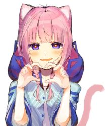 Rule 34 | 1girl, animal ears, blue eyes, capelet, cat ears, cat tail, fang, heart, heart hands, hood, hood down, hooded capelet, hooded jacket, jacket, kaf (kamitsubaki studio), kamitsubaki studio, long sleeves, looking at viewer, multicolored eyes, open mouth, pink hair, pipi23, simple background, smile, solo, tail, upper body, virtual youtuber, white background, yellow pupils