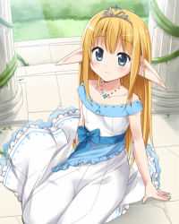 Rule 34 | 1girl, bad id, bad pixiv id, blonde hair, blue eyes, blush, dress, elf, jewelry, long hair, long pointy ears, looking at viewer, mousou (mousou temporary), necklace, original, pointy ears, sitting, solo, tiara