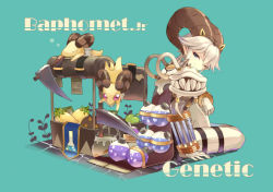 Rule 34 | 1boy, apple, baphomet jr, berry, blue background, blue eyes, brown cape, cape, closed mouth, commentary request, demon, english text, flask, food, fruit, full body, genetic (ragnarok online), gloves, goat, horns, living clothes, looking at viewer, looking back, pants, pullcart, q qree, ragnarok online, red eyes, round-bottom flask, short hair, sitting, smile, teeth, white gloves, white hair, white pants