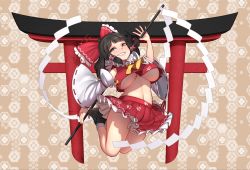 Rule 34 | 1girl, ascot, bare legs, bare shoulders, black footwear, black hair, blunt bangs, bow, breasts, brown background, brown eyes, clothes lift, commentary, crop top, detached sleeves, english commentary, frilled bow, frills, full body, gohei, grin, hair bow, hair tubes, hakurei reimu, hand up, highres, holding, jumping, kikkoumon, large breasts, long sleeves, looking at viewer, midriff, miniskirt, mochi (chain csn), navel, no panties, paw print, petticoat, red bow, red skirt, ribbon-trimmed sleeves, ribbon trim, shide, shoes, sidelocks, skirt, skirt set, smile, socks, solo, stomach, thighs, torii, touhou, underboob, white socks, wide sleeves, wily beast and weakest creature, yellow ascot, yellow bow