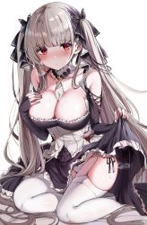 Rule 34 | 1girl, azur lane, bare shoulders, between breasts, black dress, blunt bangs, blush, breast suppress, breasts, cleavage, clothes lift, collarbone, detached collar, dress, dress lift, fingernails, formidable (azur lane), frilled dress, frills, garter straps, grey hair, hair ribbon, hand on own chest, highres, holding, holding clothes, holding dress, holding skirt, kneeling, large breasts, lifting own clothes, long hair, nail polish, panties, pantyshot, purple eyes, ribbon, sak (lemondisk), skirt, skirt hold, skirt lift, solo, steam, sweat, thighhighs, twintails, underwear, very long hair, white panties, white thighhighs
